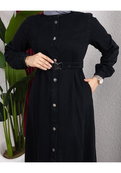 Hb Harma Time Butik Kadın Düğmeli Kuşaklı Denim Siyah Kot Elbise