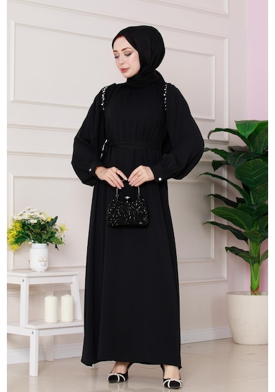 Sevitli Omuzu Taş Detaylı Rose Elbise-siyah-4773 Siyah