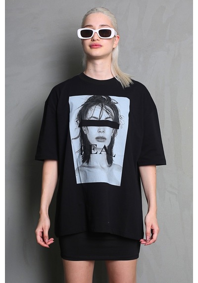 Madmext Siyah Oversize Baskılı Kadın Tişört Mg1764-siyah Siyah