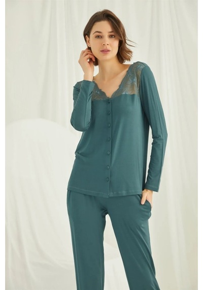 Monamise 19307 Kadın Uzun Kollu Yakası Ve Omzu Dantelli Önü Boydan Düğmeli Pijama Takımı-yeşil YESIL