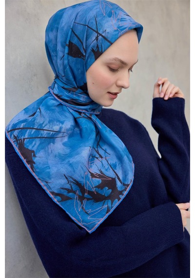 Silk Home Pamuk Polyester Soft Eşarp Yaprak Desen Mavi 90x90 Çok Renkli