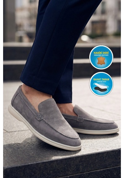 Komcero Açık Gri Hakiki Deri Şık Rahat Espadril Erkek Casual Ayakkabı Loafer 6k020-217