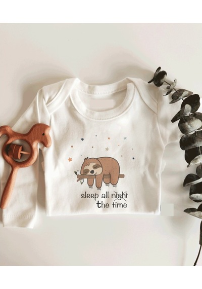İmaj Tuğbababy Sleep All The Time Uzun Kol Çıtçıtlı Organik Bebek Body Beyaz