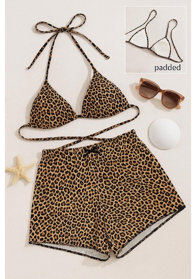 Angbutik Kadın Leopar Desenli Şortlu Belden Ve Boyundan Bağlamalı Bikini Takımı
