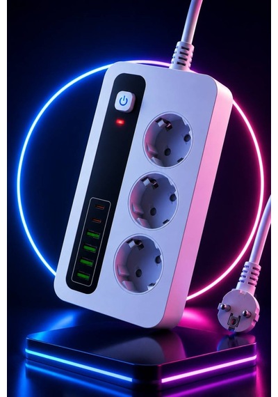 3000w Akıllı 3'lü Priz Usb' Li Uzatma Kablo - 4 Usb + 2 Type-c Hızlı Şarj 2 Mt Uzatma Kablo 2 - 5 M