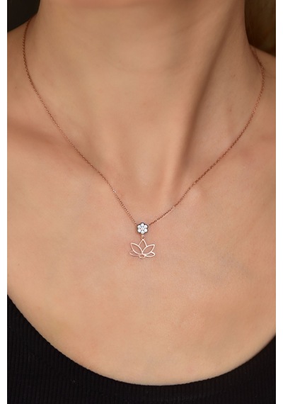 Papatya Silver 925 Ayar Gümüş Rose Kaplama Elmas Montür Çiçek Kesim Lotus Kolye