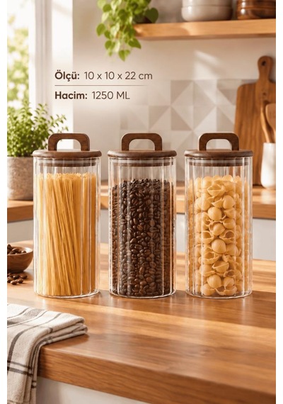 Atbyhome 3'lü Akasya Ahşap Kapaklı Çizgili Cam Kavanoz Seti 1250 Ml - Vakumlu Erzak Bakliyat Kabı Ahşap - Şeffaf
