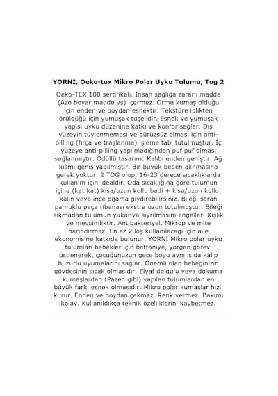 Nakışlı Uzun Kollu Oeko-tex Mikro Polar Bebek Çocuk Uyku Tulumu Unisex Tog 2 Genel