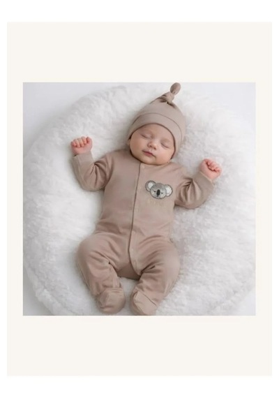 Ferasty İstanbul Unisex Bebek Tulum Koala Nakışlı Şapkalı Açık Kahverengi