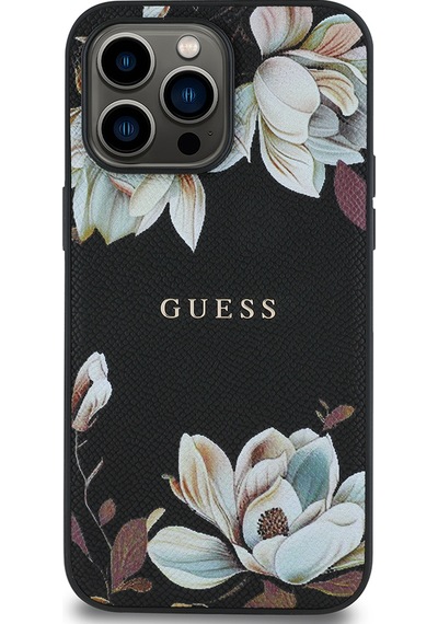 Apple Uyumlu iPhone 14 Pro Max Kılıf Guess Lisanslı M-safe Özellikli Taneli Çiçek Tasarımlı Metal Logolu Siyah