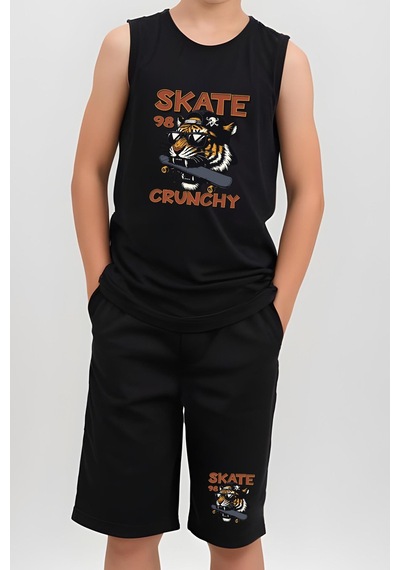 Fyk Kids Erkek Çocuk Baskılı Sıfır Kol Skate Crunch Alt-üst Takım Siyah