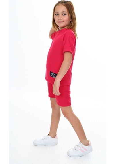 My Kids Wear Bisiklet Yaka Şortlu Kız Çocuk Şortlu Takım Kırmızı