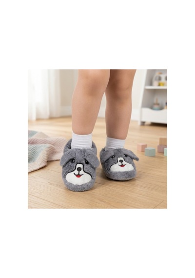 Modafocus Çocuk Köpekli Peluş Panduf - Gri Gri