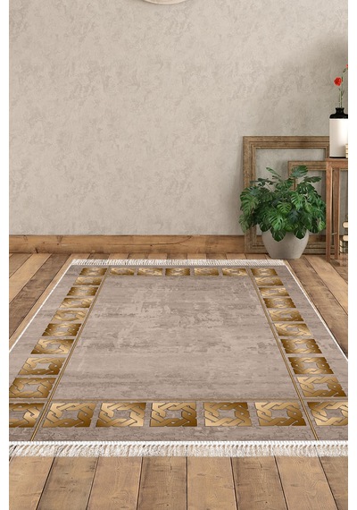Dekoreko Kaymaz Taban Djt Salon Halısı Yıldız Deri Saçaklı Modern 691m Camel