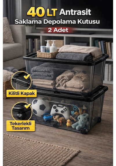 2 Adet 40 Litre Saklama Düzenleme Kutusu Siyah