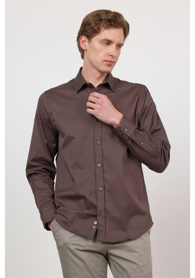 İmza Kahverengi Sert Yaka Uzun Kol Cepsiz Slim Fit Pamuklu Gömlek 1004260213