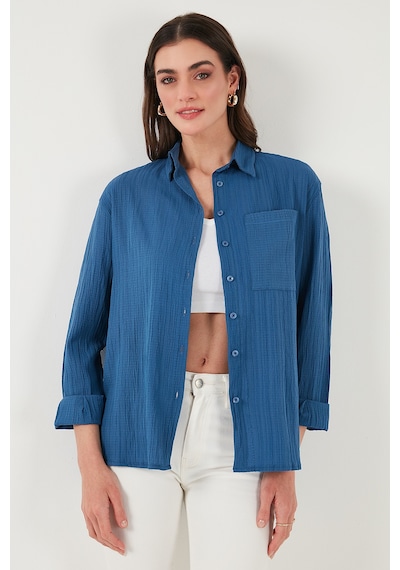 Lela Regular Fit Tek Cepli Önü Kısa Arkası Uzun Krinkıl Bayan Gömlek 6772752 Indigo