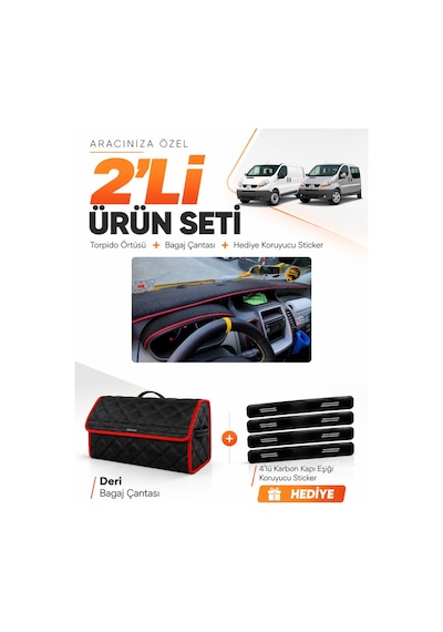 E-biz Renault Trafıc 2001-2014 Uyumlu Torpido Örtüsü + Deri Bagaj Çantası - Siyah-kırmızı - Re046