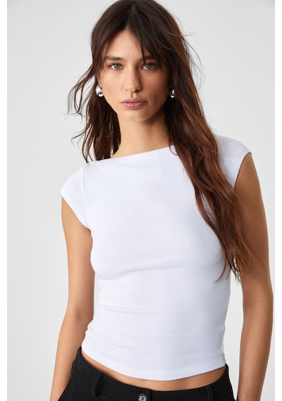 Grımelange NOEMI Kadın Balerin Yaka Kısa Kol Slim Fit Ribanalı Beyaz Bluz