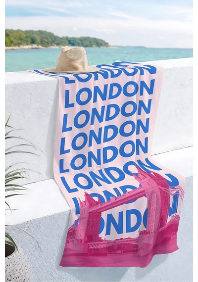 Londra Temalı Şehir Manzaralı Plaj Havlusu - Tipografik Pembe Mavi Hızlı Kuruyan Mikrofiber Havlu Donuk İncisi