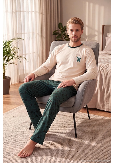 Buratti Baskılı Pamuklu Bisiklet Yaka Uzun Kollu Pijama Takımı Erkek Pijama Takımı 6575004 Yeşil