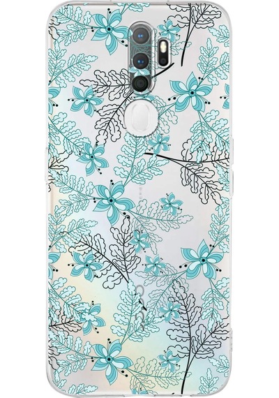 Oppo A5 2020 Uyumlu Kamera Korumalı Floral Su Yeşili Tasarımlı Şeffaf Silikon Kılıf