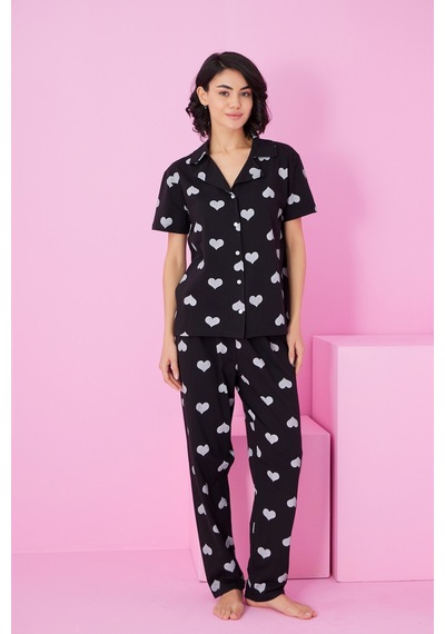 Siyah İnci Gömlek Yaka Düğmeli Örme Pijama Takım Siyah Beyaz Kalp