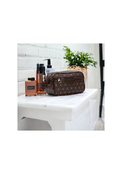 Newish Polo Erkek Desenli Siyah Vegan Deri Portföy-clutch Traş/makyaj Ve El Çantası Günlük, Seyahat Kahverengi