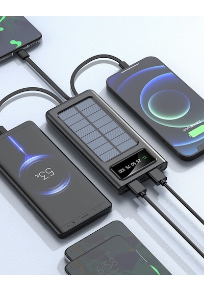 Solar 10.000 Mah Güneş Enerjili Led Işıklı Powerbank Şarj Aleti 2x Usb Çıkışlı Mikro Typc Lıghtnıng Siyah