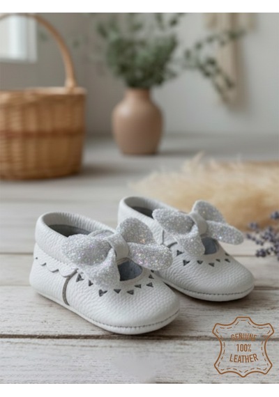 Denokids Kız Bebek Patik Hakiki Deri Taşlı Beyaz Yumuşak Taban Ayakkabı 17-21 Numara Renkli