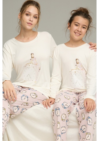 Siyah İnci Saat Desenli Pamuklu Bisiklet Yaka Örme Pijama Takım25241152 Ekru