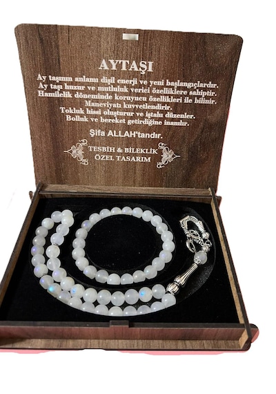 Ay Taşı Tesbih Ve Bileklik Seti Özel Tasarım Ahşap Kutusunda