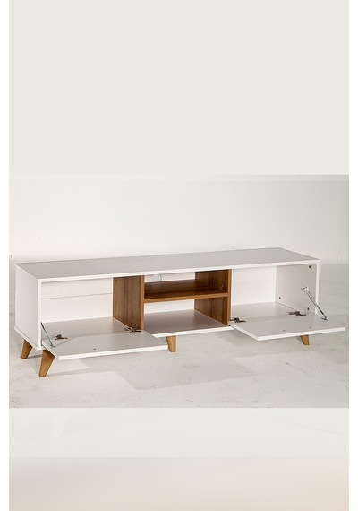 White Tv Ünitesi - Beyaz/Ceviz 160 Cm 2 Kapaklı + 2 Raflı Tv Sehp