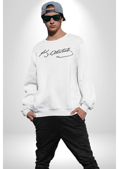 Kemal Atatürk İmzası Unisex Beyaz Baskılı Sweatshirt Beyaz