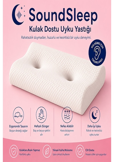 Soundsleep Kulak Dostu Uyku Yastığı Küpe Ve Kulaklık Kullananlar İçin Ergonomik Visco Yastık Beyaz