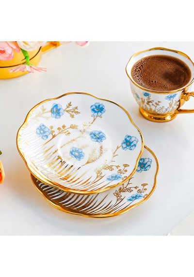 Valkyrie 6 Kişilik 13 Parça Türk Kahvesi Fincan Takımı Standlı 90 Ml Mavi Çiçek Gold Detaylı K655 Mavi