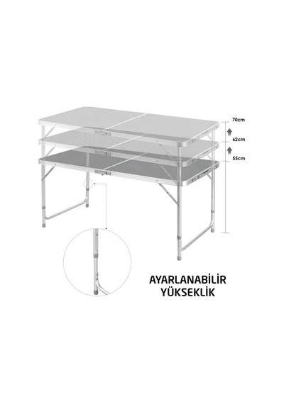 Rox Camping 0311 Yükseklik Ayarlı Katlanır Kamp Masası 120x60 Cm Gri