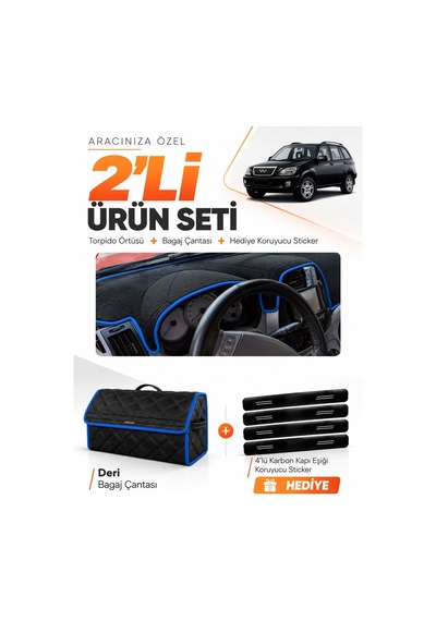 E-biz Chery Tiggo 5 2013-2015 Uyumlu Torpido Örtüsü + Deri Bagaj Çantası Seti - Siyah-mavi - Cy001