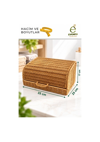 Evonıta Kapaklı Rattan Organizer Sepet Hasır Görünümlü Çok Amaçlı Banyo Makyaj Kozmetik Düzenleyici Saklama Kutusu Kahverengi