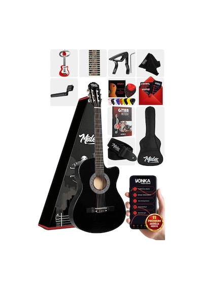 Midex CG-395BK Siyah Klasik Gitar 4/4 Sap Ayarlı Kesik Kasa Full Set Çanta Askı Tuner Metod Pena