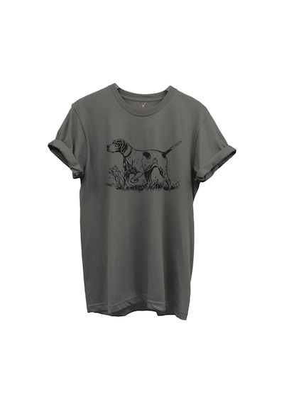 Siyah Çizgisel Pointer Av Köpeği Tasarımlı %100 Pamuk Regular Fit Unisex T-shirt Gri