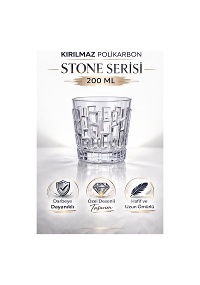 Kırılmaz Polikarbon Stone Serisi Bardak 200 Ml Cam Görünümlü Desenli Tasarım Şeffaf