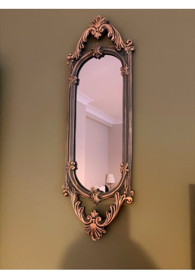 Kısa Oval Dekoratif Duvar Aynası Haki Yeşil & Eskitme Altın Yaldızlı 60x20 Cm Naturel