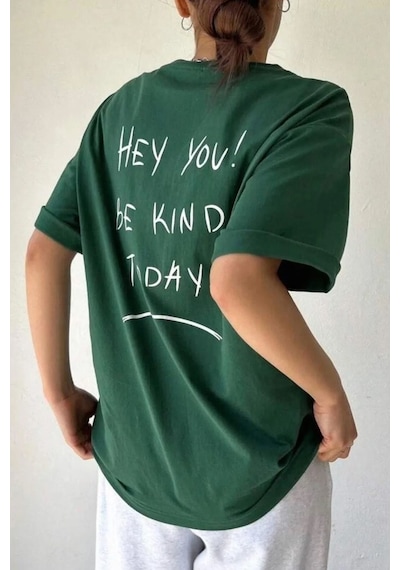 Unisex Hey You Baskılı T-shirt Yeşil
