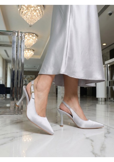 Nesilshoes Nesil Shoes Uraz 800 Gümüş Saten Arkası Açık Topuklu Kadın Ayakkabı
