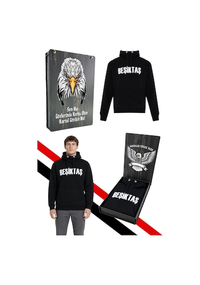 Beşiktaş Erkek Kapüşonlu Sweatshırt Uv Kutu Siyah Uv