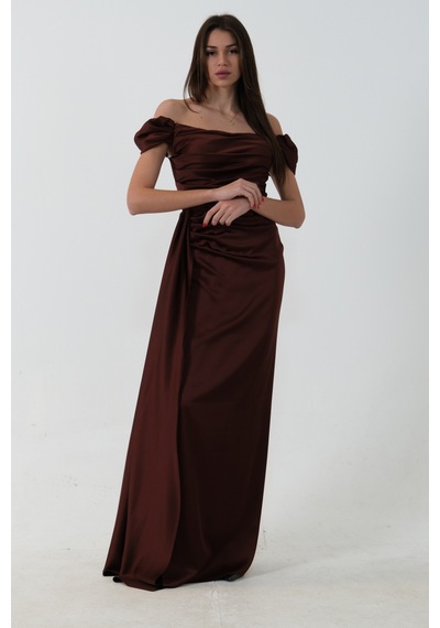 Feminist Kahve Drape Detaylı Saten Kumaş Abiye Elbise 9704858 Kahverengi
