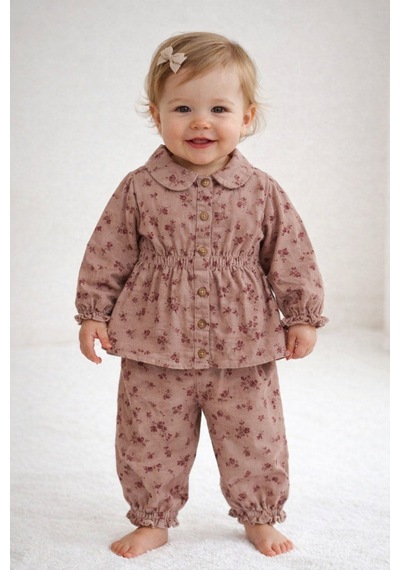 Babyhola Çiçek Desenli Müslin Kız Bebek Bayramlık Takım İkili Set 2013 Bordo