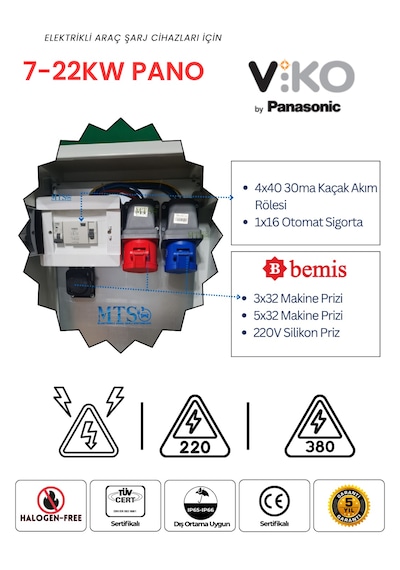 22kw + 7.4kw Viko Panasonic Ip66 Kilitlenebilir Kombinasyon Kutusu Panosu 5x32a + 3x32a + 220v Tesla Togg Uyumlu 22kw - 7.4kw