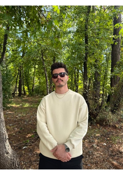 Erkek Oversize Bisiklet Yaka Basic Sweatshirt Ekru